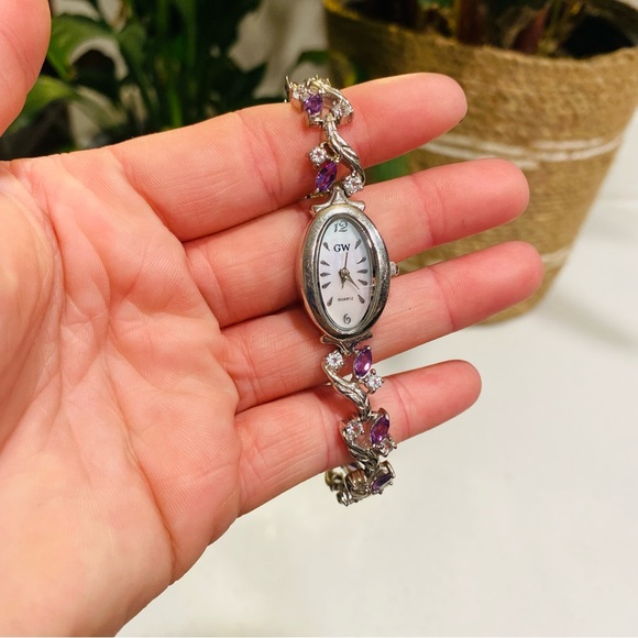 Vintage Gem Watch Sterling Silver Mother Of Pearl Face Amethyst Bracelet 7.5” - Picture 10 of 11